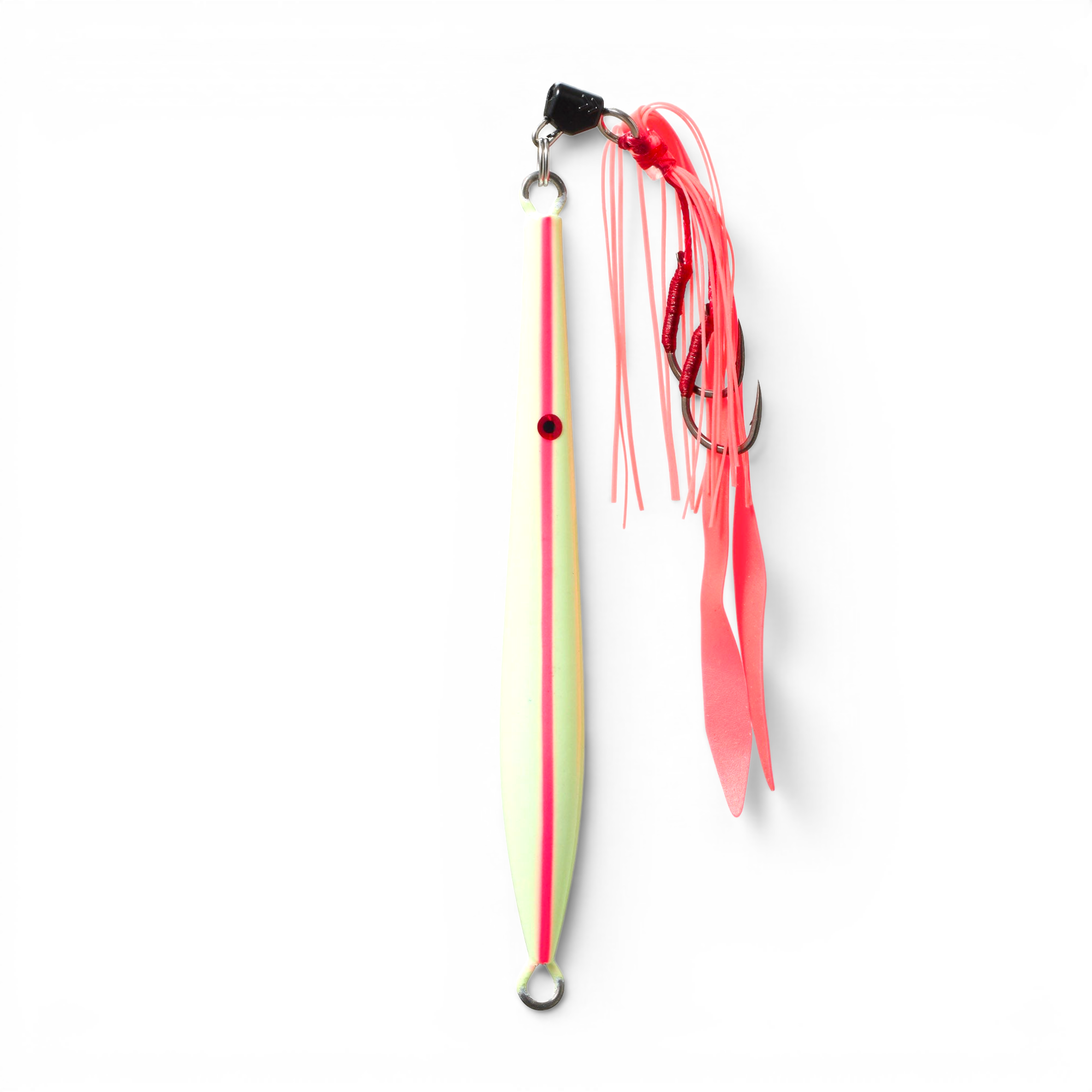 Ocean Angler Fish-Finger metal jig in yellow and pink with a pre-rigged assist hook and pulsating skirt.
