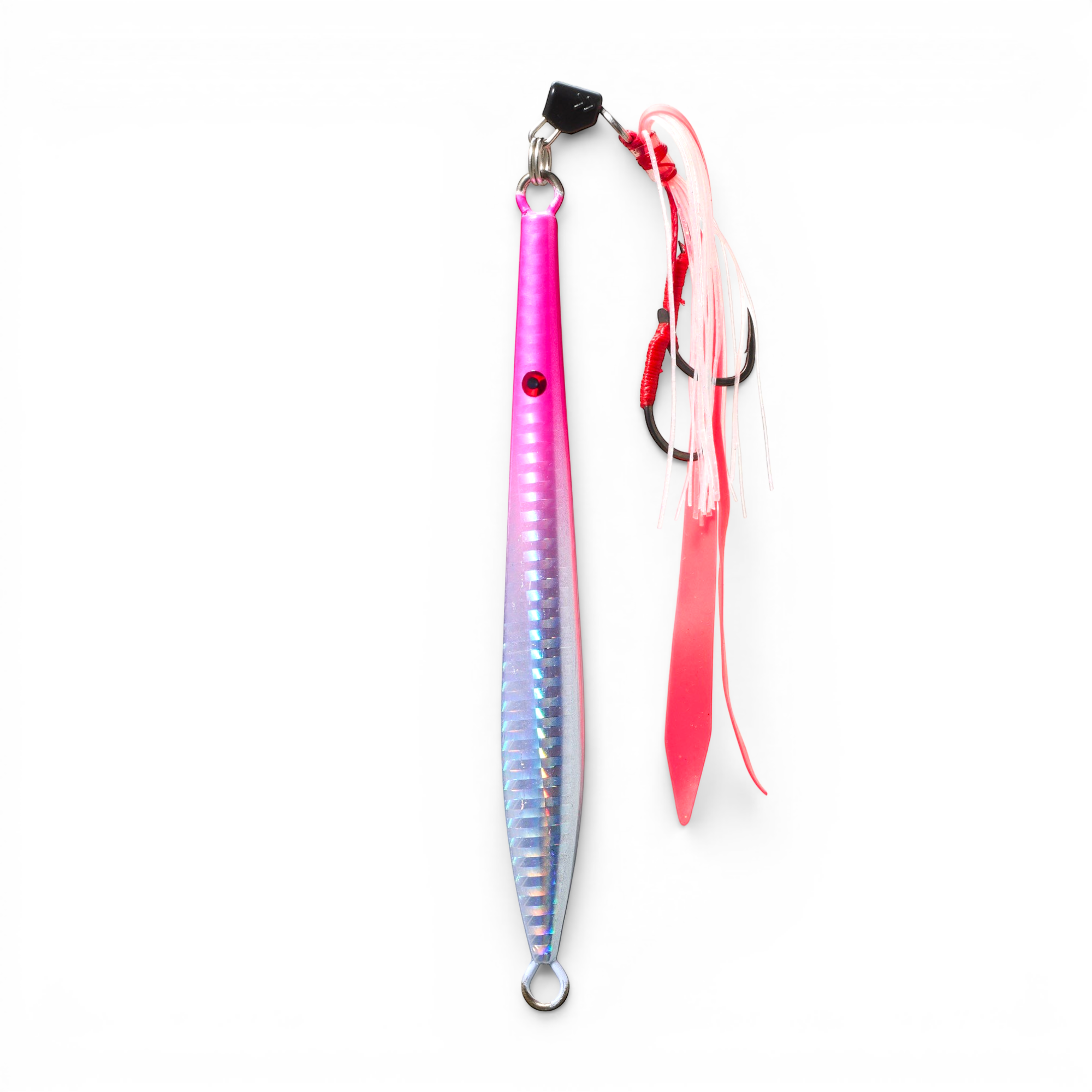 Ocean Angler Fish-Finger metal jig in pink and silver with an assist hook and pink skirt for saltwater fishing.