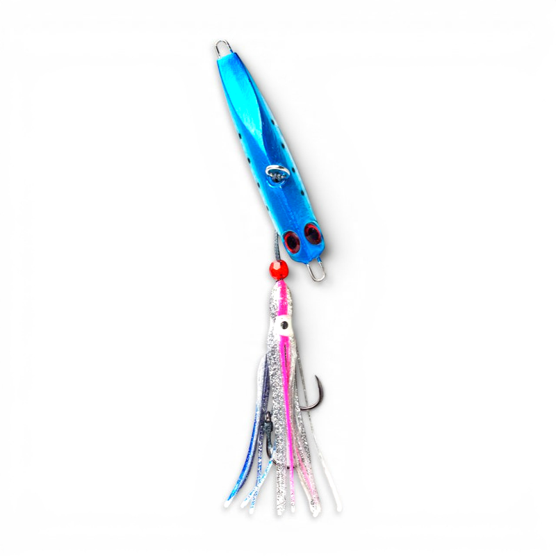 Ocean Angler Jitterbug blue metal fishing lure with a pink and silver skirt for deep-water Tairaba fishing.