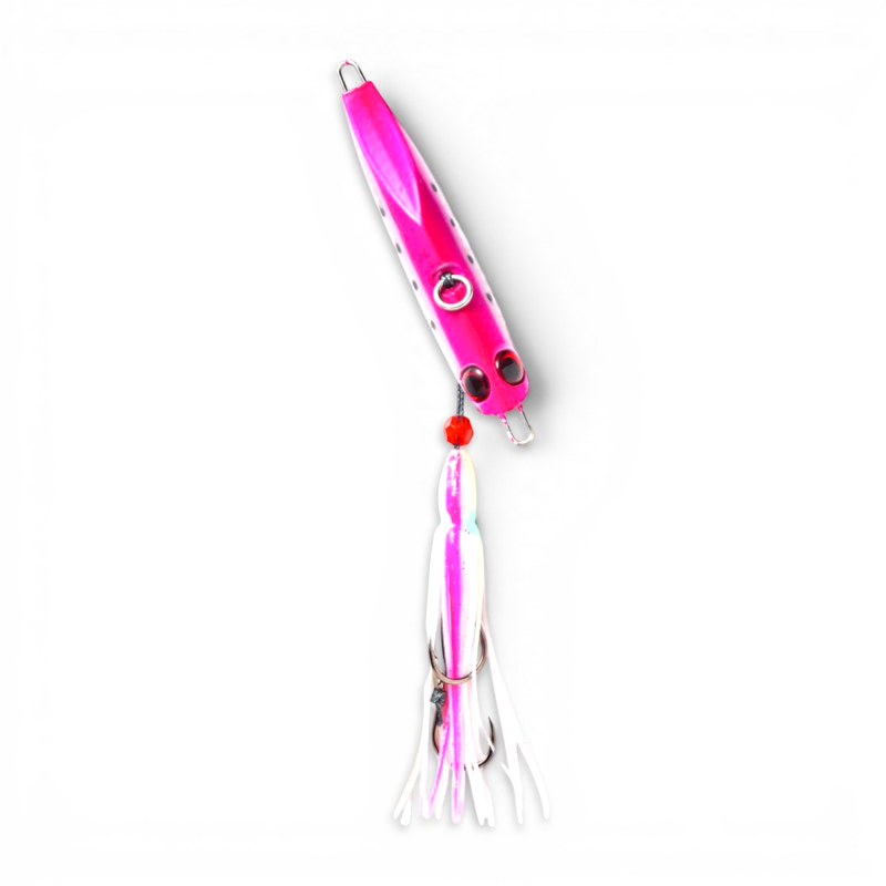 Ocean Angler Jitterbug pink tairaba fishing lure with white skirt and realistic eyes for deep-water angling