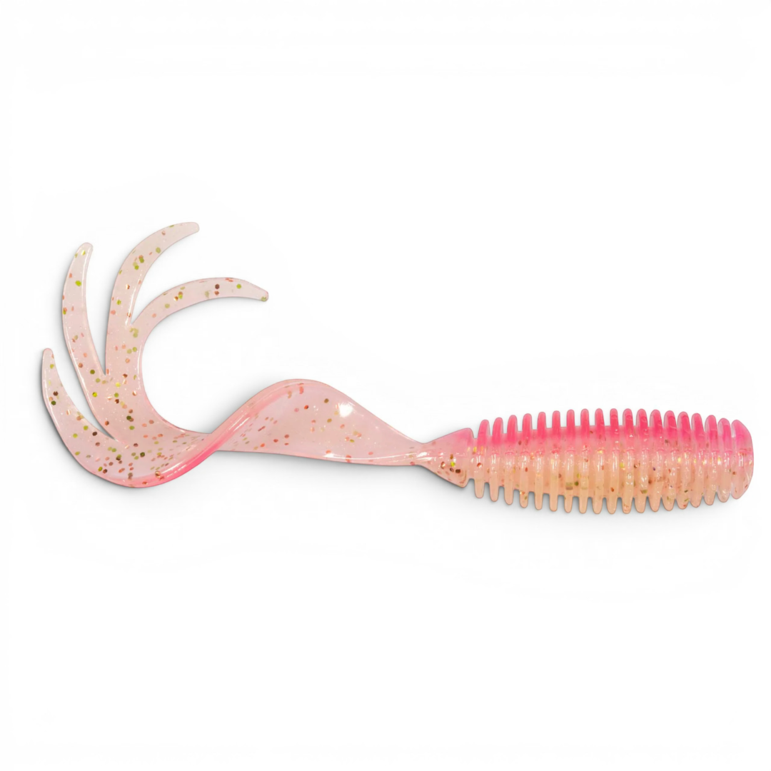 Ocean Angler soft plastic ribbed fishing lure with a multi-pronged pink curly tail and gold glitter accents.