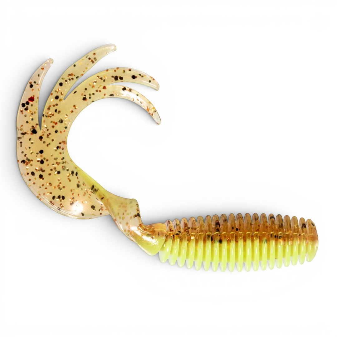 Ocean Angler soft plastic ribbed fishing lure with a multi-pronged curly tail in a glittery yellow and brown pattern.