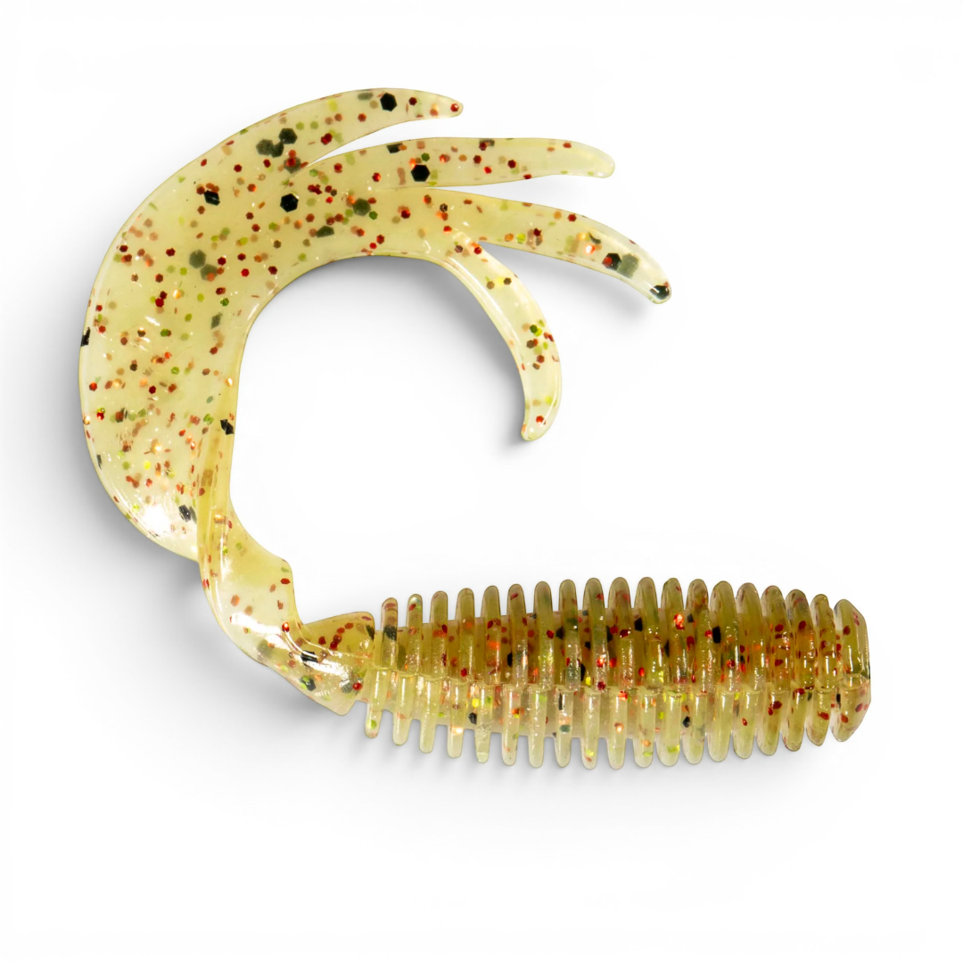 Ocean Angler Z-Man ST GrubZ soft plastic fishing lure in a translucent chartreuse color with multi-colored glitter.