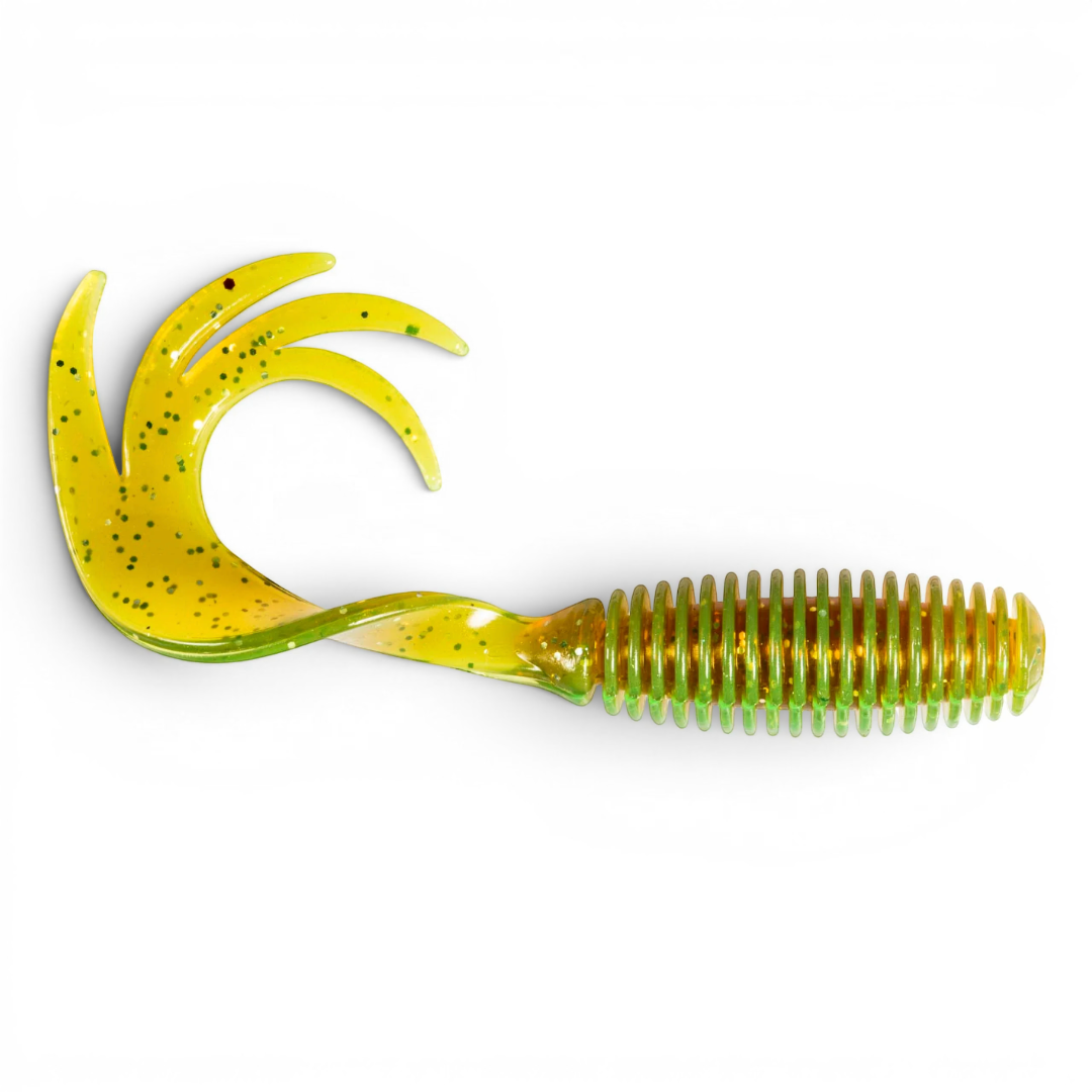 Ocean Angler Z-Man ST GrubZ soft plastic fishing lure in chartreuse with green glitter and a ribbed body design.