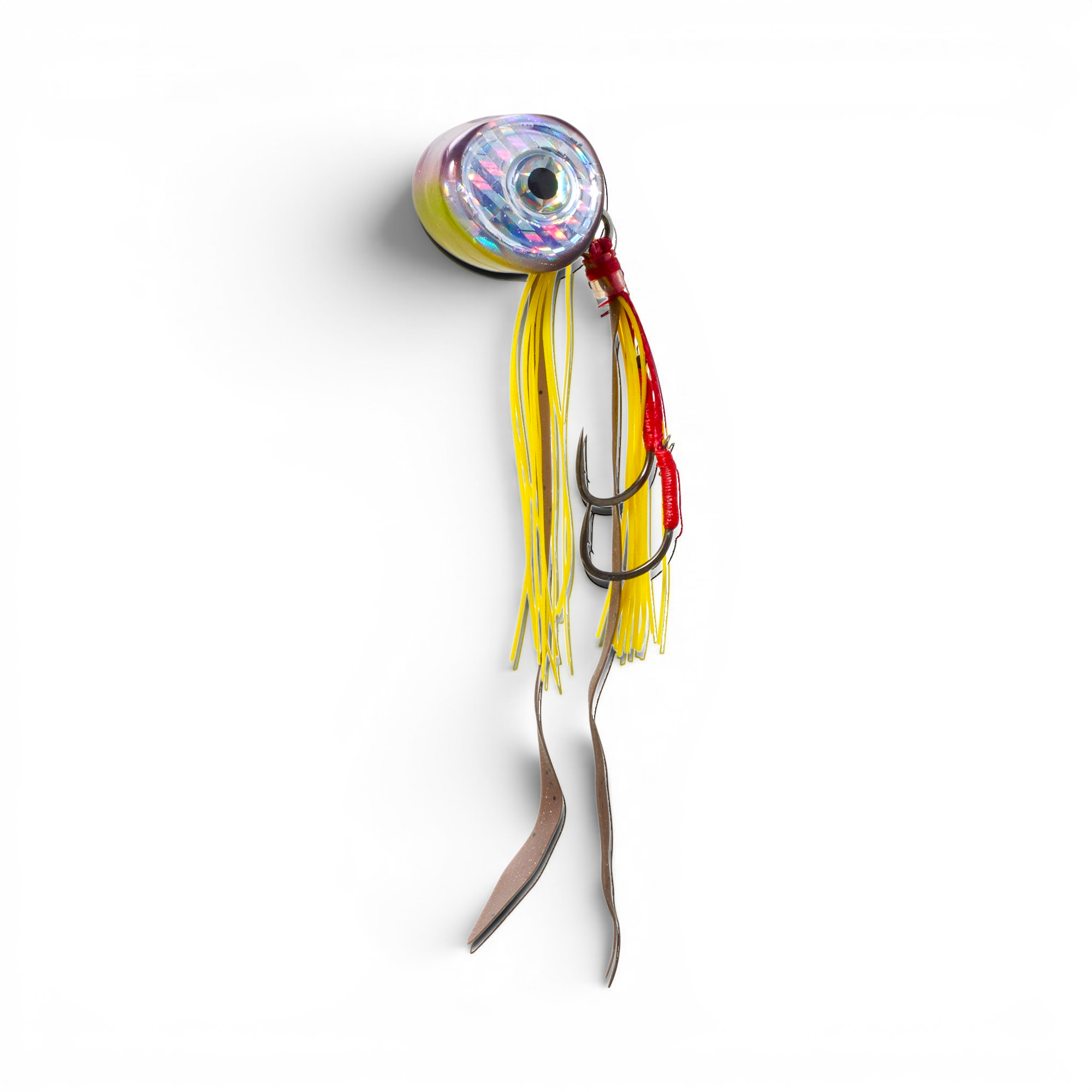 Ocean Angler Slider fishing lure with a reflective eye, yellow silicone skirt, and heavy-duty assist hooks.