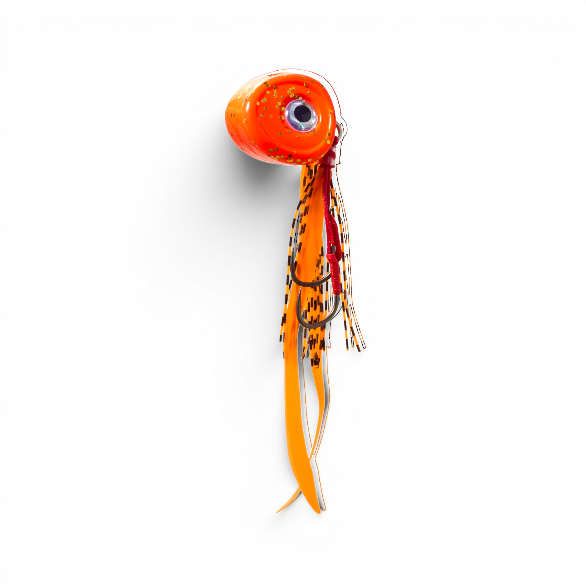 Ocean Angler Slider fishing lure with an orange weighted head, large reflective eye, and orange and black silicone skirt.