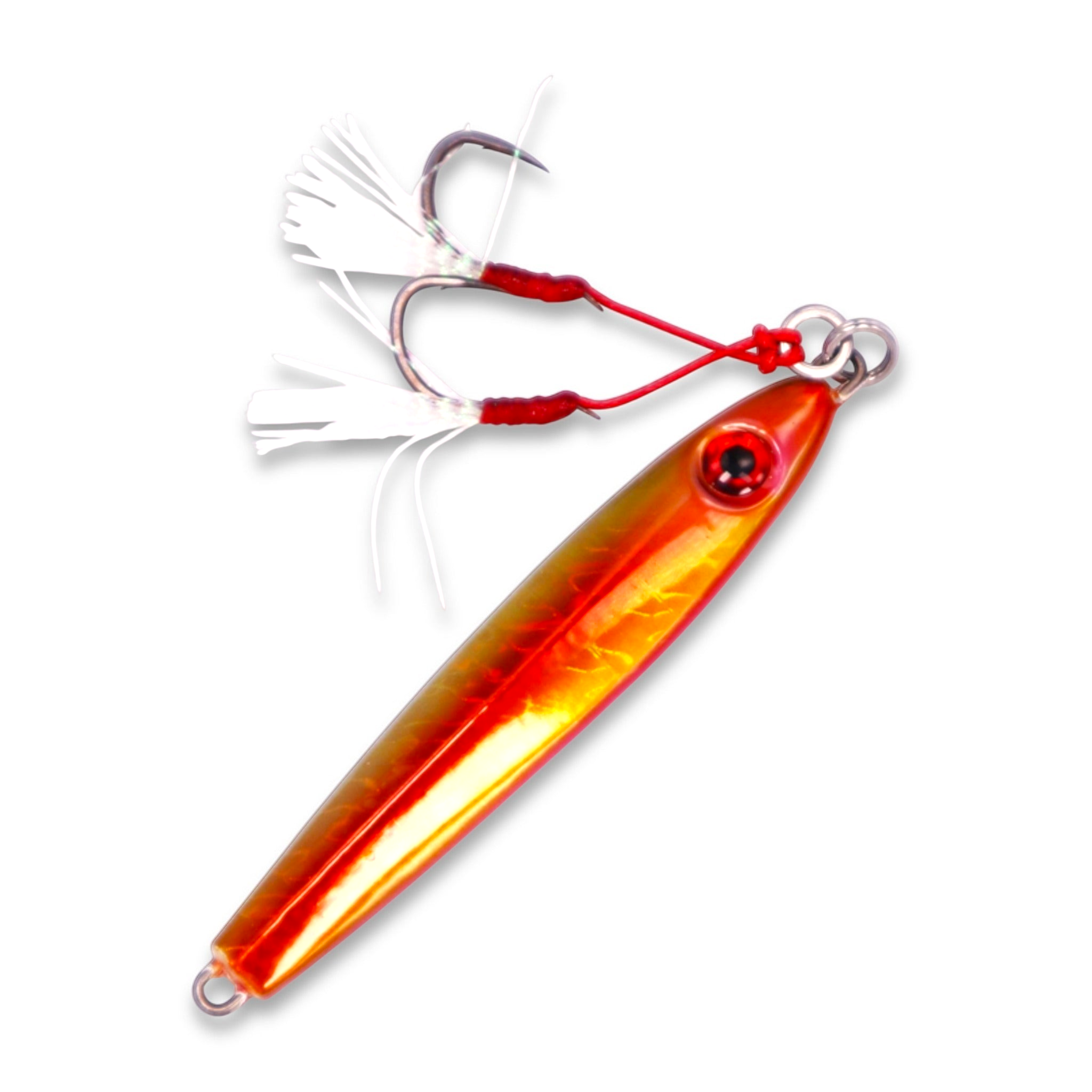 Ocean Angler Weasel fishing lure in metallic orange and gold with white feathered assist hooks