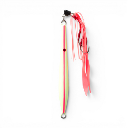 Ocean Angler Fish-Finger metal jig in yellow and pink with a pre-rigged assist hook and pulsating skirt.