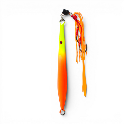 Ocean Angler Fish-Finger metal vertical jig in bright yellow and orange with an assist hook and orange skirt