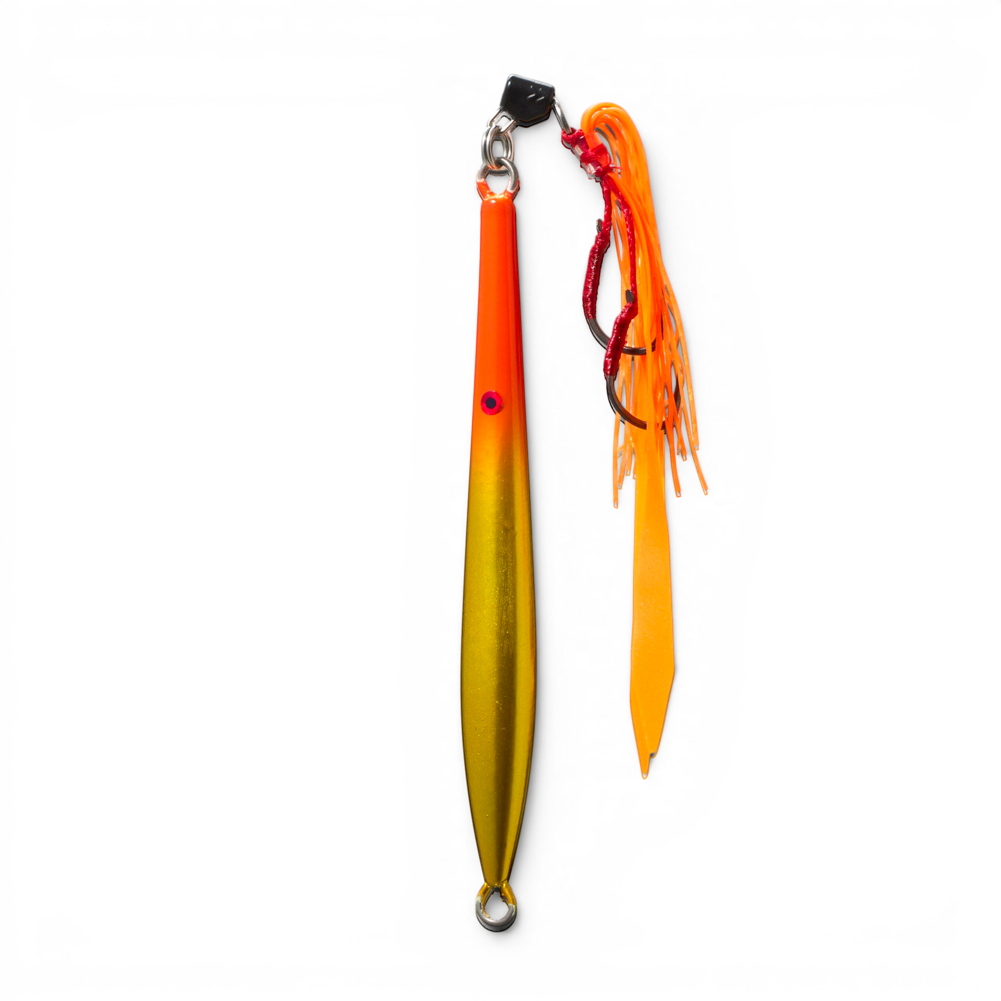 Ocean Angler Fish-Finger metal vertical jig in orange and gold with an orange assist hook and pulsating skirt