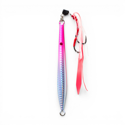 Ocean Angler Fish-Finger metal jig in pink and silver with an assist hook and pink skirt for saltwater fishing.