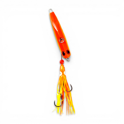 Ocean Angler Jitterbug bright orange Tairaba fishing lure with a skirted squid tail and dual hooks for deep-water fishing