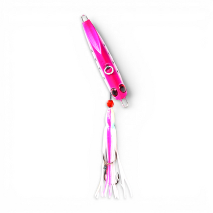 Ocean Angler Jitterbug pink tairaba fishing lure with white skirt and realistic eyes for deep-water angling