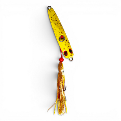 Ocean Angler Jitterbug yellow fishing lure with black speckles and gold tinsel skirt for deep-water angling