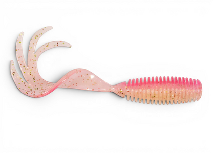 Ocean Angler Z-Man ST GrubZ soft plastic fishing lure in pink with glitter and a multi-pronged curly tail design.