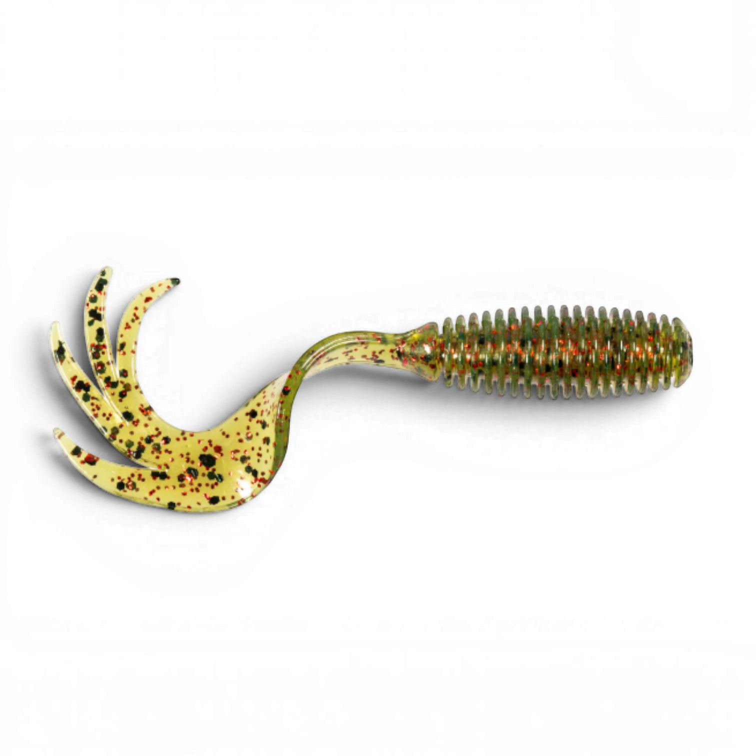 Ocean Angler soft plastic ribbed grub fishing lure with a multi-pronged curly tail in green with red and black flakes
