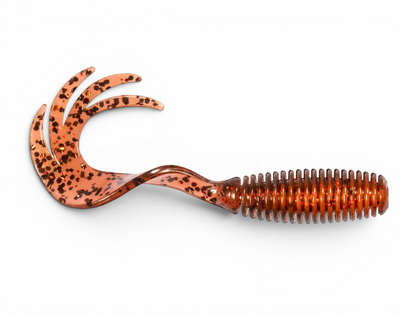 Ocean Angler Z-Man ST GrubZ soft plastic fishing lure in brown with black glitter and a multi-pronged curly tail.