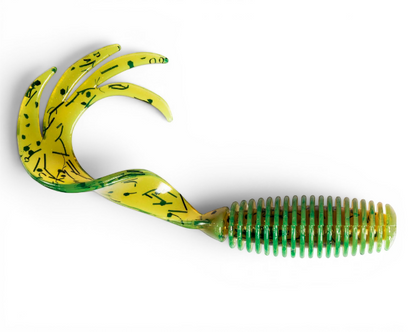 Ocean Angler Z-Man ST GrubZ soft plastic fishing lure in chartreuse with green spots and a ribbed body.