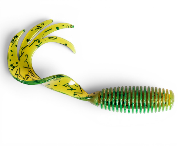 Ocean Angler Z-Man ST GrubZ soft plastic fishing lure in chartreuse with green spots and a ribbed body.