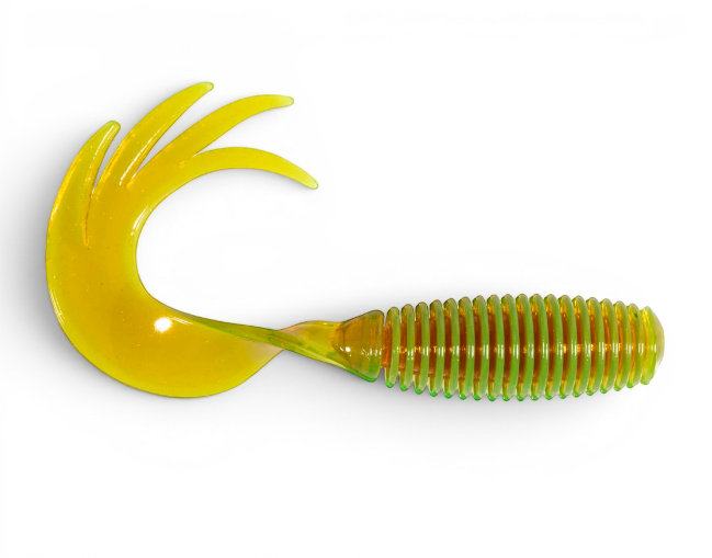 Ocean Angler soft plastic ribbed fishing lure with a yellow multi-pronged curly tail and green ribbed body