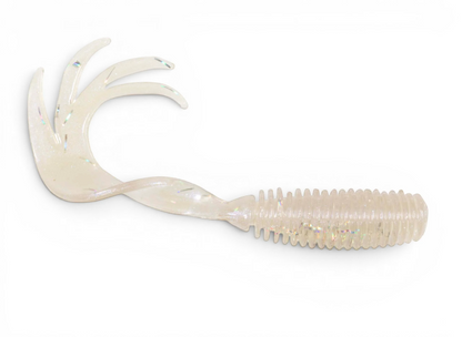 Ocean Angler soft plastic ribbed grub fishing lure in clear glitter finish with a multi-pronged curly tail