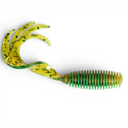 Ocean Angler yellow and green ribbed soft plastic grub fishing lure with a multi-pronged curly tail