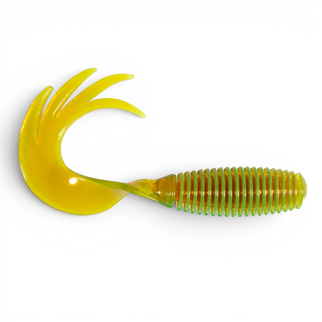 Ocean Angler Z-Man ST GrubZ soft plastic fishing lure in chartreuse with a ribbed body and multi-pronged curly tail.