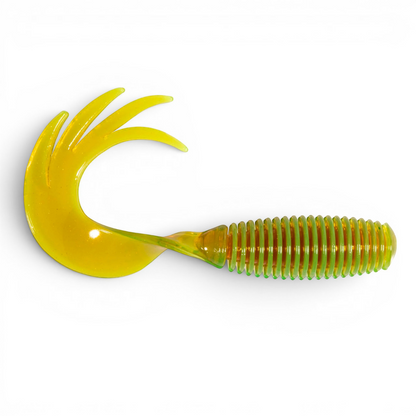 Ocean Angler Z-Man ST GrubZ soft plastic fishing lure in chartreuse with a ribbed body and multi-pronged curly tail.