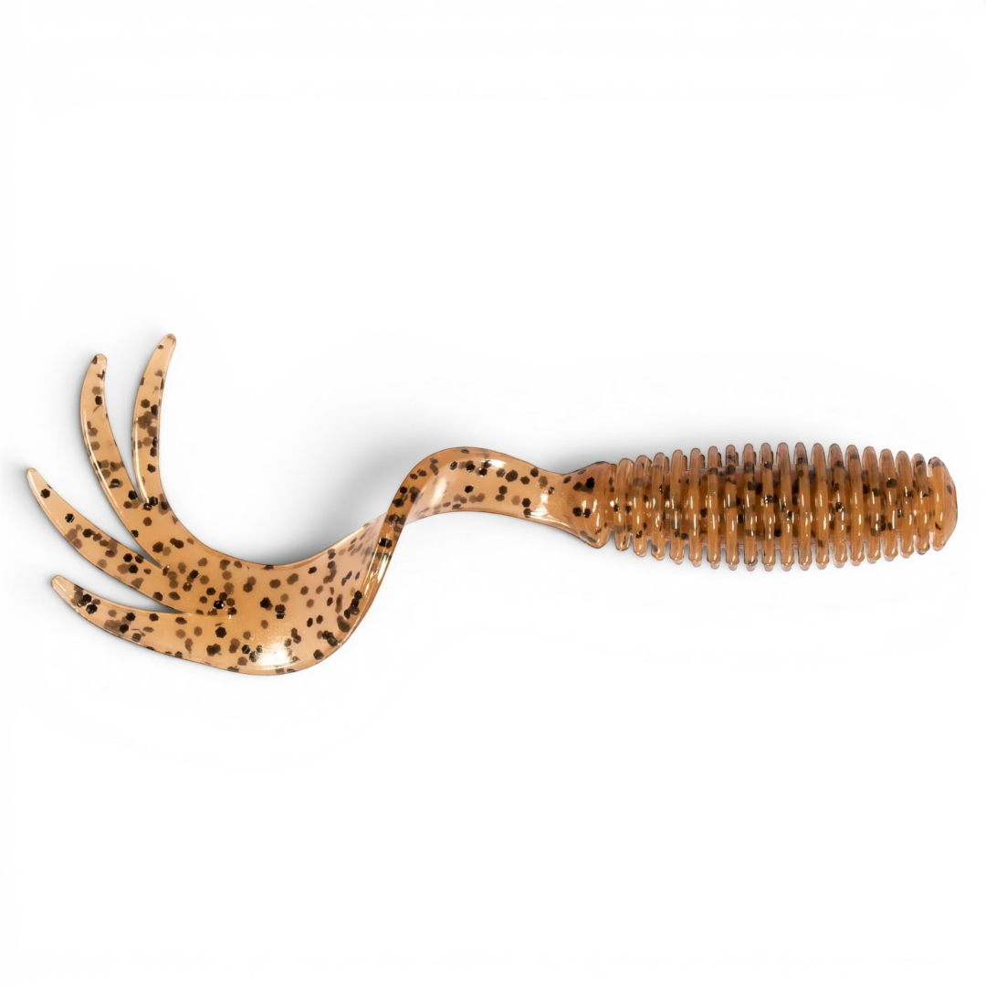 Ocean Angler soft plastic ribbed fishing lure with a multi-pronged curly tail in a translucent brown speckled color.