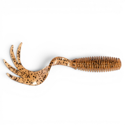 Ocean Angler soft plastic ribbed fishing lure with a multi-pronged curly tail in a translucent brown speckled color.