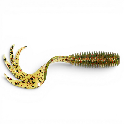 Ocean Angler Z-Man ST GrubZ soft plastic ribbed fishing lure in chartreuse with red and black glitter flakes.