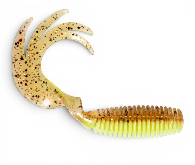 Ocean Angler Z-Man ST GrubZ soft plastic fishing lure with a ribbed body and multi-pronged curly tail in gold glitter.