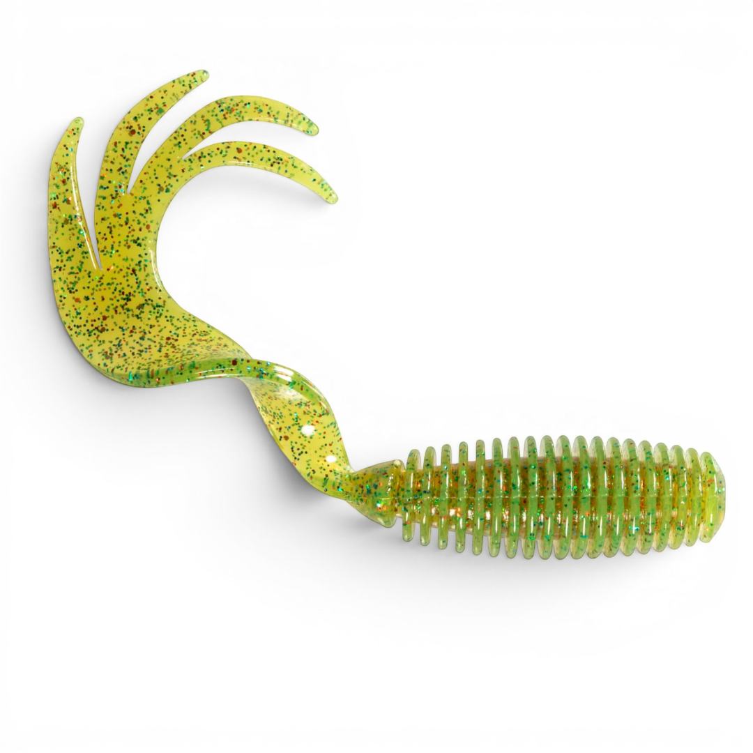Ocean Angler Z-Man ST GrubZ soft plastic fishing lure in chartreuse with multi-colored glitter and ribbed body.