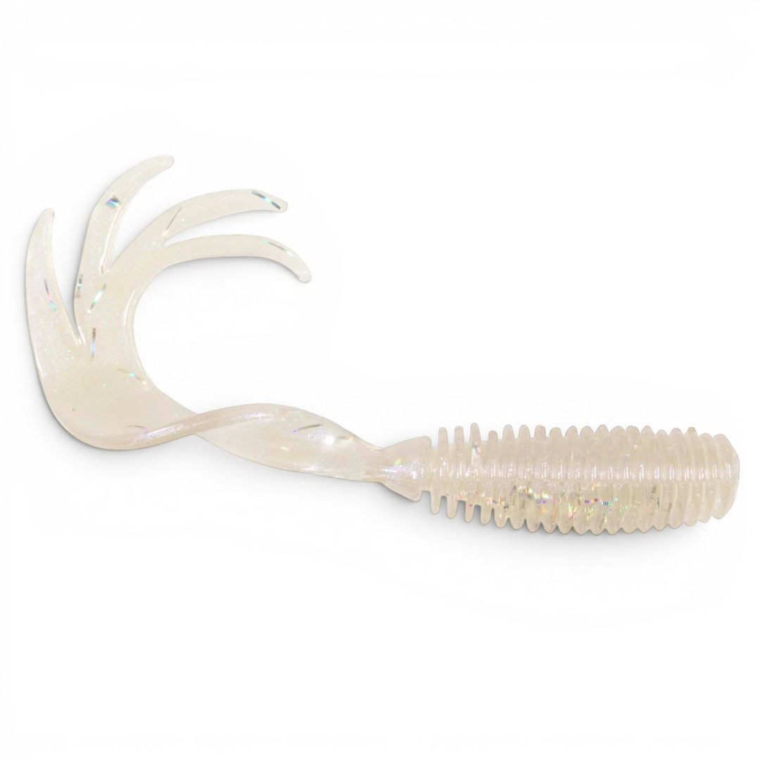 Ocean Angler Z-Man ST GrubZ soft plastic fishing lure in clear glitter with a ribbed body and multi-pronged tail.