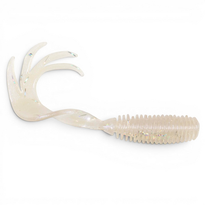 Ocean Angler Z-Man ST GrubZ soft plastic fishing lure in clear glitter with a ribbed body and multi-pronged tail.