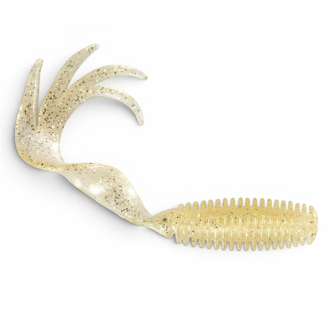 Ocean Angler Z-Man ST GrubZ soft plastic fishing lure in translucent glitter with a ribbed body and curly tail.