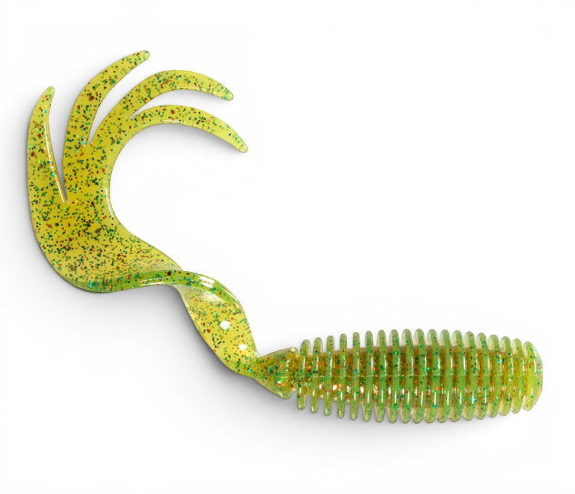 Ocean Angler soft plastic ribbed fishing lure in chartreuse with multi-colored glitter and a multi-pronged curly tail.