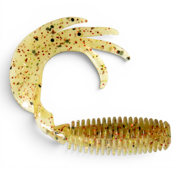 Ocean Angler soft plastic ribbed fishing lure with a multi-pronged curly tail in a translucent glitter finish.