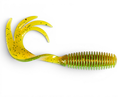 Ocean Angler Z-Man ST GrubZ soft plastic fishing lure in chartreuse with green glitter and a ribbed body design.