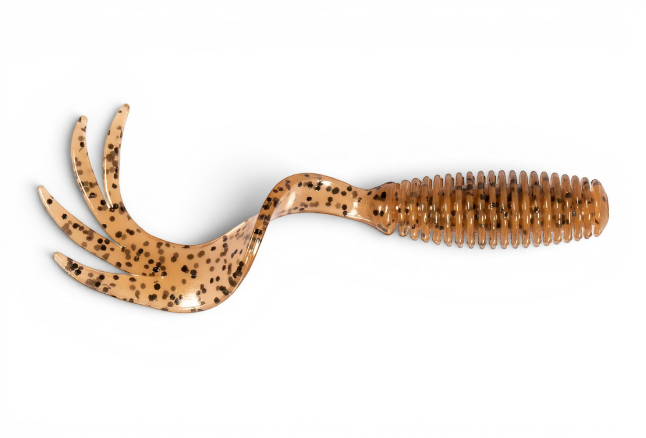 Ocean Angler soft plastic ribbed fishing lure with a multi-pronged curly tail in a speckled brown color