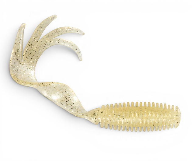Ocean Angler soft plastic ribbed fishing lure with a multi-pronged curly tail in a translucent glitter finish.