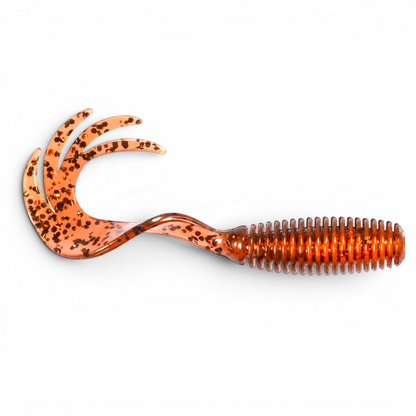 Ocean Angler soft plastic ribbed fishing lure with a multi-pronged curly tail in a translucent brown speckled color