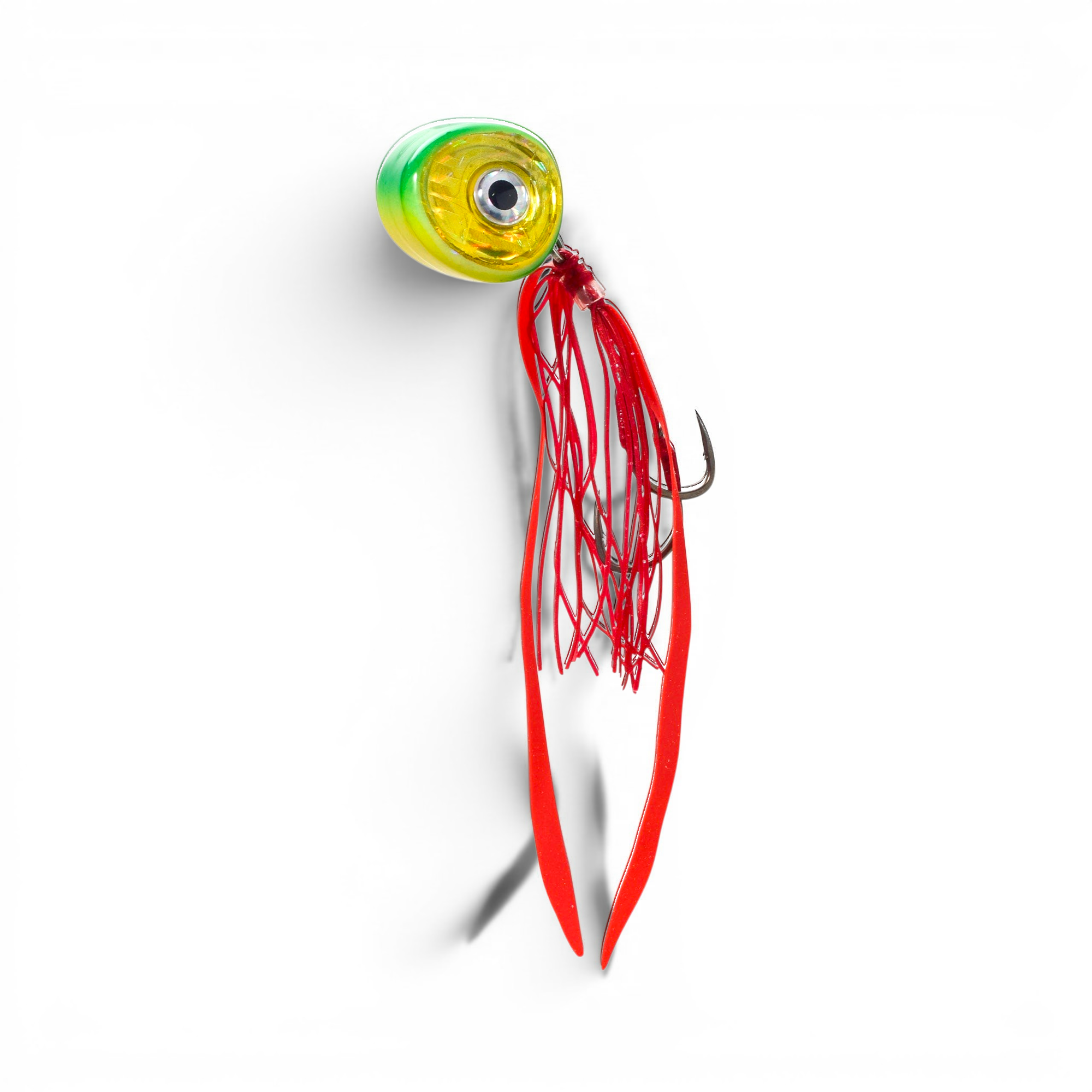 Ocean Angler Slider fishing lure with a yellow and green weighted head, large eye, and vibrant red silicone skirt.