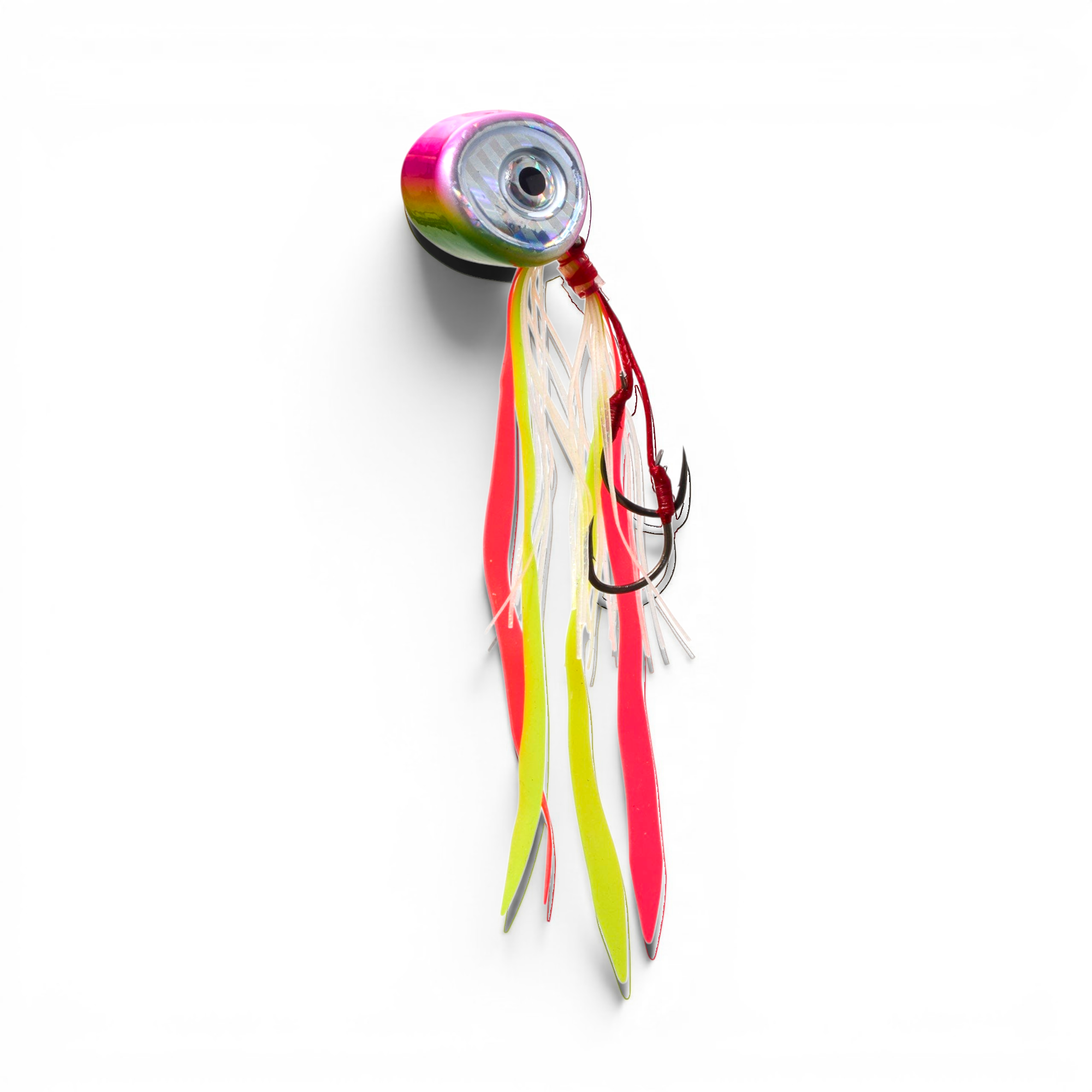 Ocean Angler slider fishing lure with a pink and green head, reflective eye, and vibrant multi-colored skirt tails.