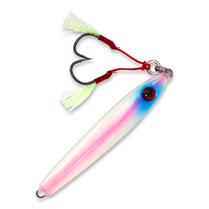 Ocean Angler Weasel fishing lure in white, pink, and blue with dual assist hooks and glow-in-the-dark tassels.