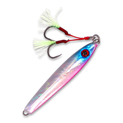 Ocean Angler Weasel fishing lure with holographic pink and blue finish and dual assist hooks with white tinsel
