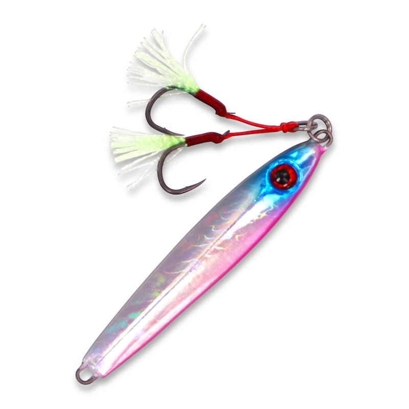 Ocean Angler Weasel fishing lure with holographic pink and blue finish and dual assist hooks with white tinsel
