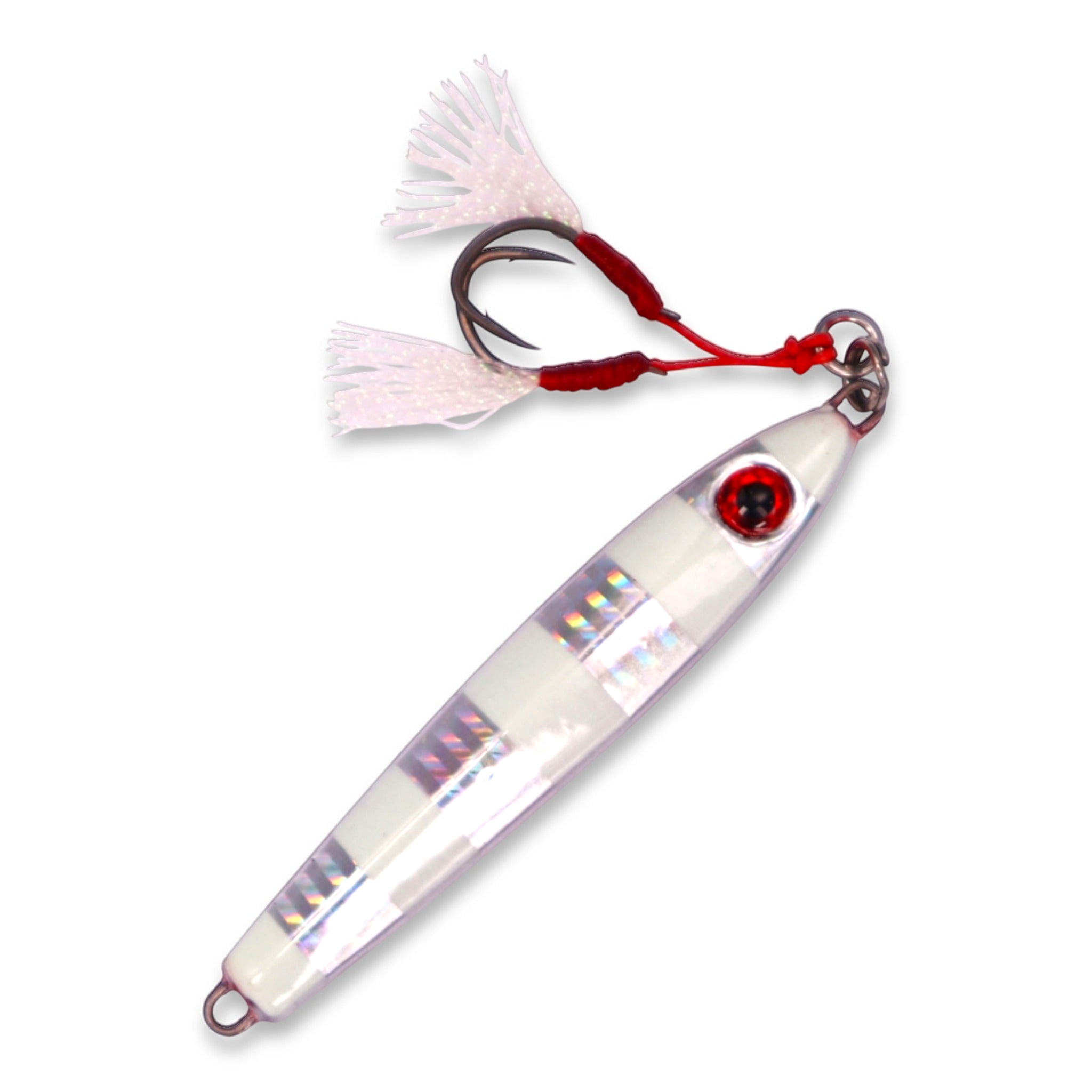 Ocean Angler Weasel fishing lure with white and holographic stripes, red eye, and white skirted assist hook.