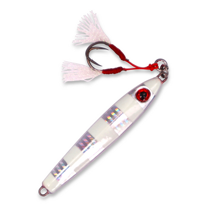 Ocean Angler Weasel fishing lure with white and holographic stripes, red eye, and white skirted assist hook.