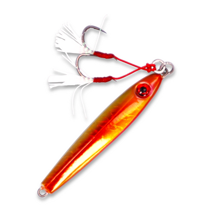 Ocean Angler Weasel fishing lure in metallic orange and gold with white feathered assist hooks